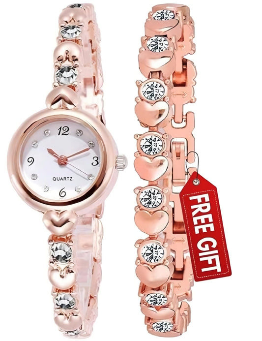 Heart Shape Bangle Analog Watch with Rose Gold Bracelet